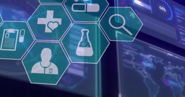 Animering Medicinska Ikoner Över Databehandling Svart Bakgrund Globalt Koncept För — Stockvideo
