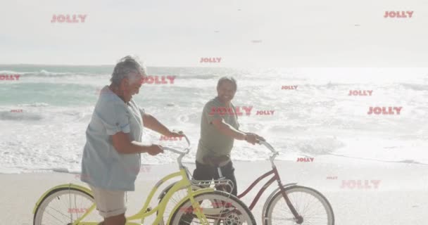在海滩上 在一对年长的鸟鸣声夫妻的身上动画着欢乐的文字 圣诞节 庆祝活动和数字视频接口概念 — 图库视频影像