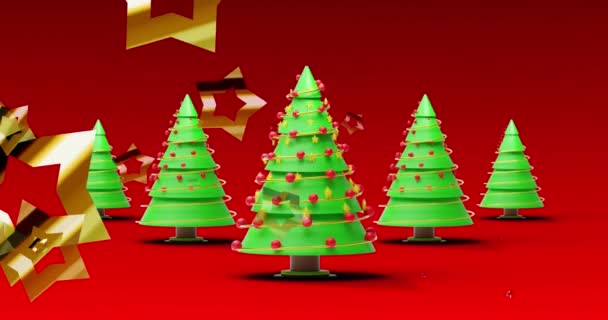 Animazione Stelle Che Cadono Sopra Alberi Natale Sfondo Rosso Natale — Video Stock