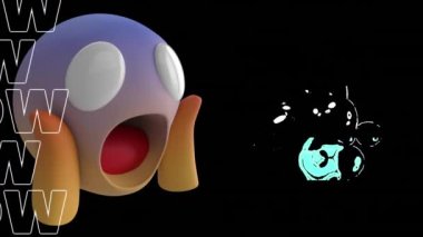 Siyah arkaplanda wow metin ve emoji simgesi animasyonu. Geçmişe dönük gelecek ve dijital arayüz kavramı dijital olarak oluşturulmuş video.