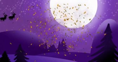 Noel Baba 'nın üzerinde konfeti animasyonu. Kış manzarasında ren geyiğiyle kızakta. Noel, şenlik, kutlama ve gelenek konsepti dijital olarak oluşturuldu.