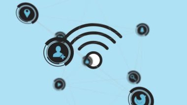 Mavi arkaplandaki bağlantı ağı üzerinden simgelerin canlandırılması. Küresel iş, sosyal medya ve dijital arayüz kavramı dijital olarak oluşturulmuş video.