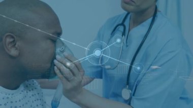 Kafkasyalı kadın doktorun hastaya oksijen vermesi üzerine çizgilerle bağlantılı noktaların animasyonu. 3D şehir manzarası, dijital kompozit, çoklu pozlama, gökdelenler, tıbbi, sağlık ve teknoloji.