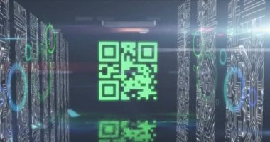 Neon elementleri ve bilgisayar devre kartlarıyla bir qr kodunun canlandırması.