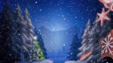 Kar tanelerinin düşüşü ve kış manzarası üzerine zencefilli kurabiye animasyonu. Noel, şenlik, gelenek ve kutlama konsepti dijital olarak oluşturuldu.