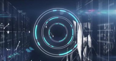 Bilgisayar sunucuları üzerinden tarama ve veri işleme animasyonları. Küresel bilgisayar veri işleme ve dijital arayüz konsepti dijital olarak oluşturulmuş video.
