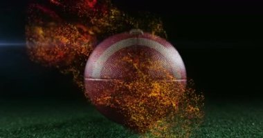 Yeşil zemindeki ragbi topunun üzerinde hareket eden mercek fişeği ve soyut desen animasyonu. Dijital bileşik, çoklu pozlama, aydınlatma, spor, ışık ve rekabet konsepti.