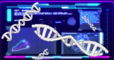 Siyah arka plandaki veri işleme üzerindeki DNA iplikçiklerinin animasyonu. Küresel bilim, bilgisayar ve dijital arayüz kavramı dijital olarak oluşturulmuş video.