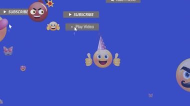 Çubuklarda birden fazla metin ve mavi arkaplanda birden fazla emoji canlandırması. Dijital olarak oluşturulmuş, hologram, düğmeye basın, sosyal medya, bildirim, iletişim ve teknoloji kavramı.