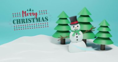 Yılbaşı kutlamalarının animasyonu. Mavi arka planda kardan adam ve ağaçların üzerinden mesaj. Noel, şenlik, kutlama ve gelenek konsepti dijital olarak oluşturuldu.