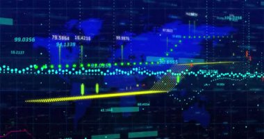 Mavi arkaplan üzerinde numaralar olan birden fazla grafiğin canlandırması. Dijital olarak üretilmiş, hologram, küresel, rapor, finans, iş dünyası, aydınlanma ve teknoloji kavramı.