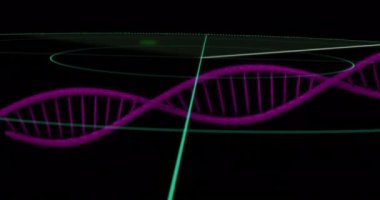 Düşen DNA ipliği ve koyu arkaplanda saatin animasyonu. Dijital olarak oluşturulmuş küresel veri işleme kavramı.