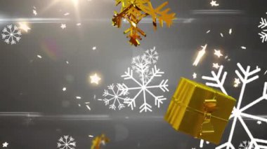 Altın yıldızların ve gri arkaplana düşen hediyelerin animasyonu. Noel, şenlik, kutlama ve gelenek konsepti dijital olarak oluşturuldu.