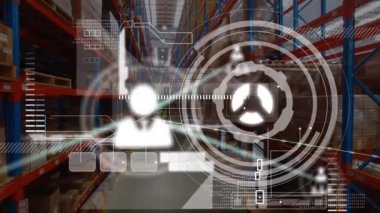 Dairelerin animasyonu, veritabanı, bağlı ikonlar, uçan kaykay kullanan beyaz işçinin hava görüntüsü. Depo, dijital kompozit, çoklu pozlama, ulaşım, nakliye ve dağıtım kavramı.