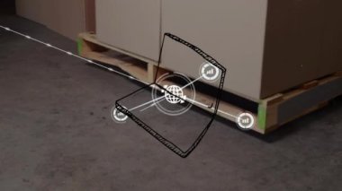 Dizüstü bilgisayar çizimlerinin animasyonu, ambardaki tahta paletin üzerindeki karton kutuların üzerindeki bağlı simgeler. Dijital bileşik, çoklu pozlama, dağıtım, rapor, envanter, finans ve teknoloji.