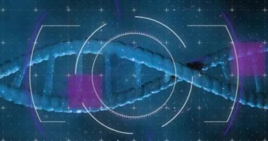 Dna iplikçiklerinin üzerinde mikroskop taraması. Küresel bilim ve dijital arayüz kavramı dijital olarak oluşturulmuş video.