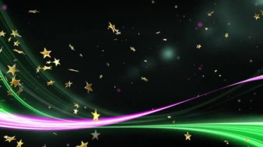 Siyah zemin üzerinde neon ışık izleriyle düşen noel yıldızlarının animasyonu. Noel, kış, şenlik, gelenek ve dijital olarak üretilen video konsepti.