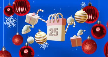 25 Aralık tarihli takvim animasyonu ve Noel süslemeleri. Noel, şenlik, gelenek ve kutlama konsepti dijital olarak oluşturuldu.