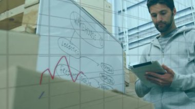 Depo işçisinin Kafkasyalı üzerinden finansal veri işleme animasyonu. Küresel finansal veri işleme kavramı dijital oluşturulmuş video.