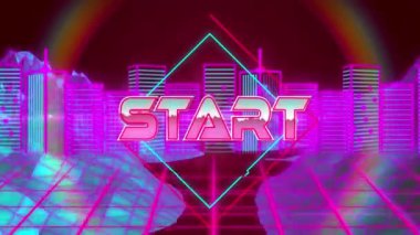 Dijital şehir üzerinden başlatılan metnin animasyonu ve siyah zemin üzerinde dağların. Sosyal medya ve dijital arayüz konsepti dijital olarak oluşturulmuş video.