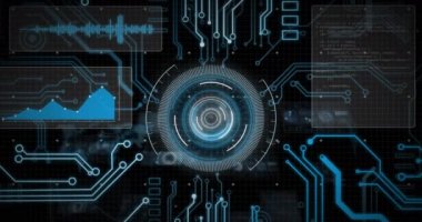 Anakart animasyonu ve siyah arkaplanlı arayüzdeki dairesel tarama verileri. Veri, küresel iletişim ve dijital arayüz kavramı dijital olarak oluşturulmuş video.