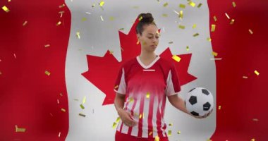 Kanada bayrağı üzerinde çift ırklı bayan futbolcu animasyonu. Küresel spor, vatanseverlik ve dijital arayüz kavramı dijital olarak üretilen video.