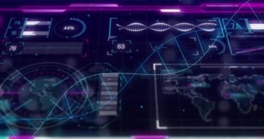 Siyah arka plandaki veri işleme üzerindeki DNA iplikçiklerinin animasyonu. Küresel bilim, bilgisayar ve dijital arayüz kavramı dijital olarak oluşturulmuş video.