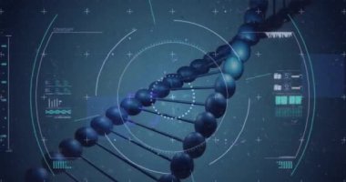 Dna iplikçiklerinin üzerinde mikroskop taraması. Küresel bilim ve dijital arayüz kavramı dijital olarak oluşturulmuş video.