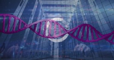 Sunucu odasında dönen DNA iplikçiklerinin animasyonu. Küresel bilim ve veri işleme kavramı dijital olarak oluşturulmuş video.