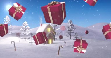 Ev ve kış manzarasında Noel hediyelerinin animasyonu. Noel, gelenek ve kutlama konsepti dijital olarak oluşturuldu.