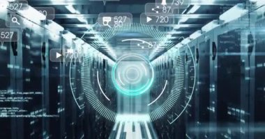 Bilgisayar sunucuları üzerinden tarama ve veri işleme animasyonları. Küresel bilgisayar veri işleme ve dijital arayüz konsepti dijital olarak oluşturulmuş video.