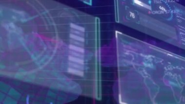 Siyah zemin üzerinde dijital dağların üzerinde veri işleme animasyonu. Küresel bilim, bilgisayar ve dijital arayüz kavramı dijital olarak oluşturulmuş video.