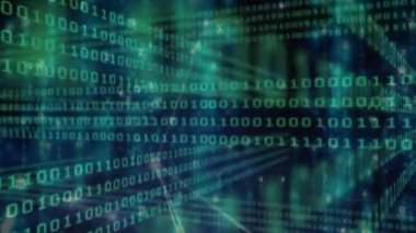 Soyut arkaplana karşı çizgilerle bağlantılı noktalar üzerinden ikili kodların hareket ettirilmesi. Dijital olarak üretilmiş, hologram, kodlama, programlama dili, iletişim ve teknoloji kavramı.