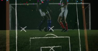 Stadyum çiziminde farklı erkek futbolcuların canlandırması. Küresel spor ve dijital arayüz kavramı dijital olarak oluşturulmuş video.