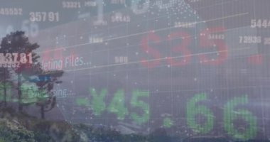 Dünyayı oluşturan noktaların animasyonu, ticaret panosu, dağların havadan görünüşü ve açık gökyüzü üzerindeki sayılar. Dijital bileşik, çoklu pozlama, küreselleşme, rakamlar, geri sayım, manzara ve teknoloji.