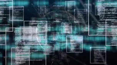 Dünyanın dört bir yanındaki karelerdeki programlama dilinin birleşik noktalara karşı animasyonu. Dijital olarak üretilmiş, hologram, küreselleşme, kodlama, makine öğrenme, iletişim ve teknoloji kavramı.