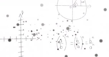 Matematiksel denklemlerin beyaz arkaplandaki şekiller üzerinden canlandırılması. Küresel bilim, bilgisayar ve dijital arayüz kavramı dijital olarak oluşturulmuş video.