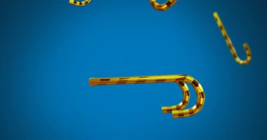 Mavi arka plana düşen altın baston şekerlerin Noel animasyonu. Noel, şenlik, kutlama ve gelenek konsepti dijital olarak oluşturuldu.