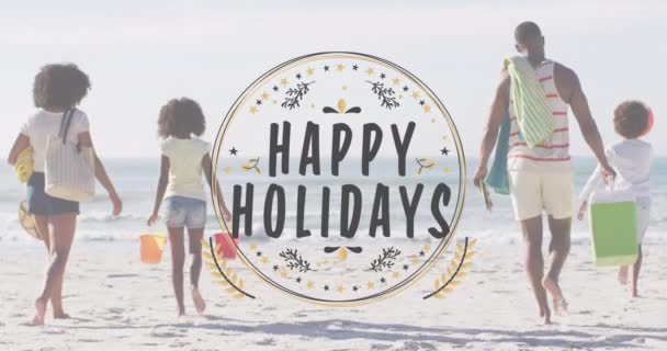 圣诞祝福的动画在沙滩上与儿子和女儿的小鸟夫妇之间传播 圣诞节 庆祝和节日概念数字制作的视频 — 图库视频影像