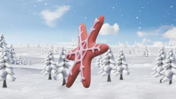 Animation Gâteau Pain Épice Étoile Noël Sur Neige Tombant Dans — Video