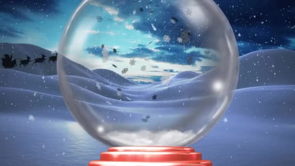 Κινούμενο Σχέδιο Χριστουγεννιάτικης Χιονόμπαλας Τον Άγιο Βασίλη Έλκηθρο Και Χιόνι — Αρχείο Βίντεο