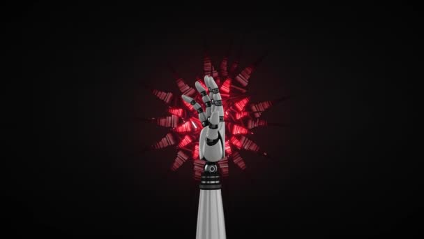 Animace Ramene Robota Rotujícího Nad Červenými Kaleidoskopickými Tvary Černém Pozadí — Stock video