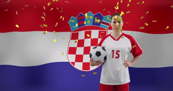 Beyaz Kadın Futbolcunun Hırvat Bayrağı Üzerindeki Animasyonu Küresel Spor Vatanseverlik — Stok video