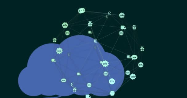 Анимация Икон Висящих Облаках Взаимосвязанных Линиями Абстрактном Фоне Цифровая Генерация — стоковое видео