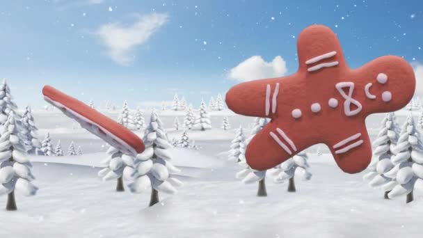 Animace Vánočních Perníkových Sušenek Padajících Sněhových Vločkách Zimní Scenérii Vánoce — Stock video