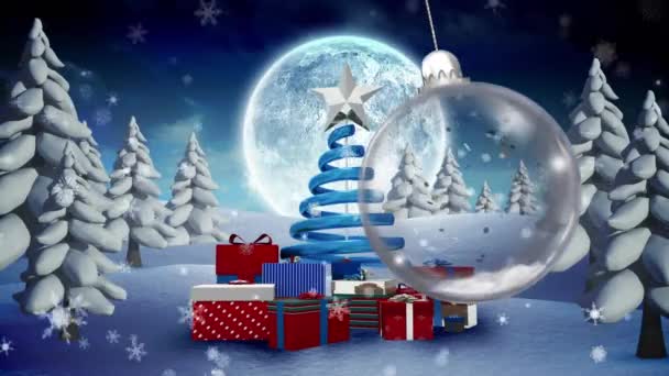 Animação Bugiganga Natal Pendurada Sobre Árvore Natal Lua Cheia Cenário — Vídeo de Stock