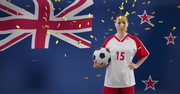 Yeni Zelanda Bayrağı Üzerinde Beyaz Kadın Futbolcu Animasyonu Küresel Spor — Stok video