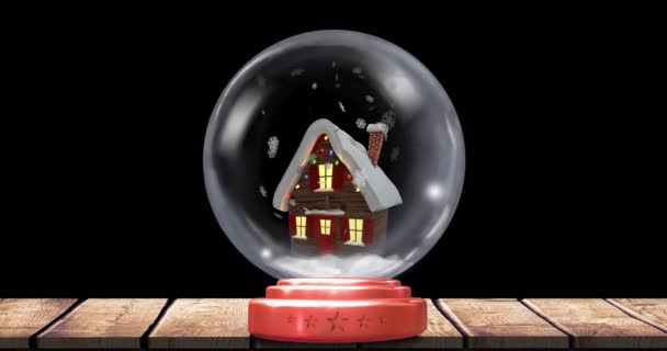 Animatie Van Kerst Sneeuwbol Met Sneeuw Vallen Huis Zwarte Achtergrond — Stockvideo