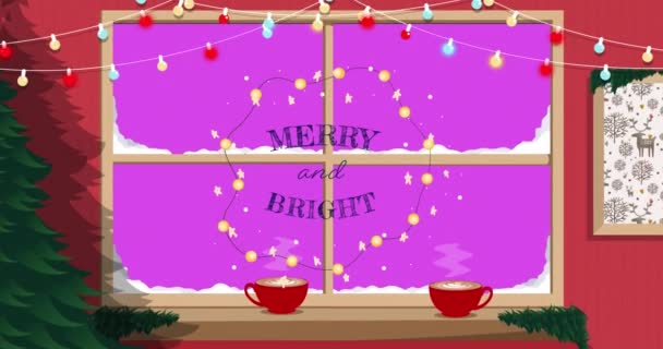 Анімація Веселого Яскравого Над Вікном Снігом Рожевому Тлі Різдво Свята — стокове відео
