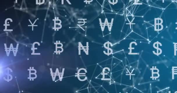 Animation Currency Symbols Network Connections Black Background Global Science Computing — Stock Video